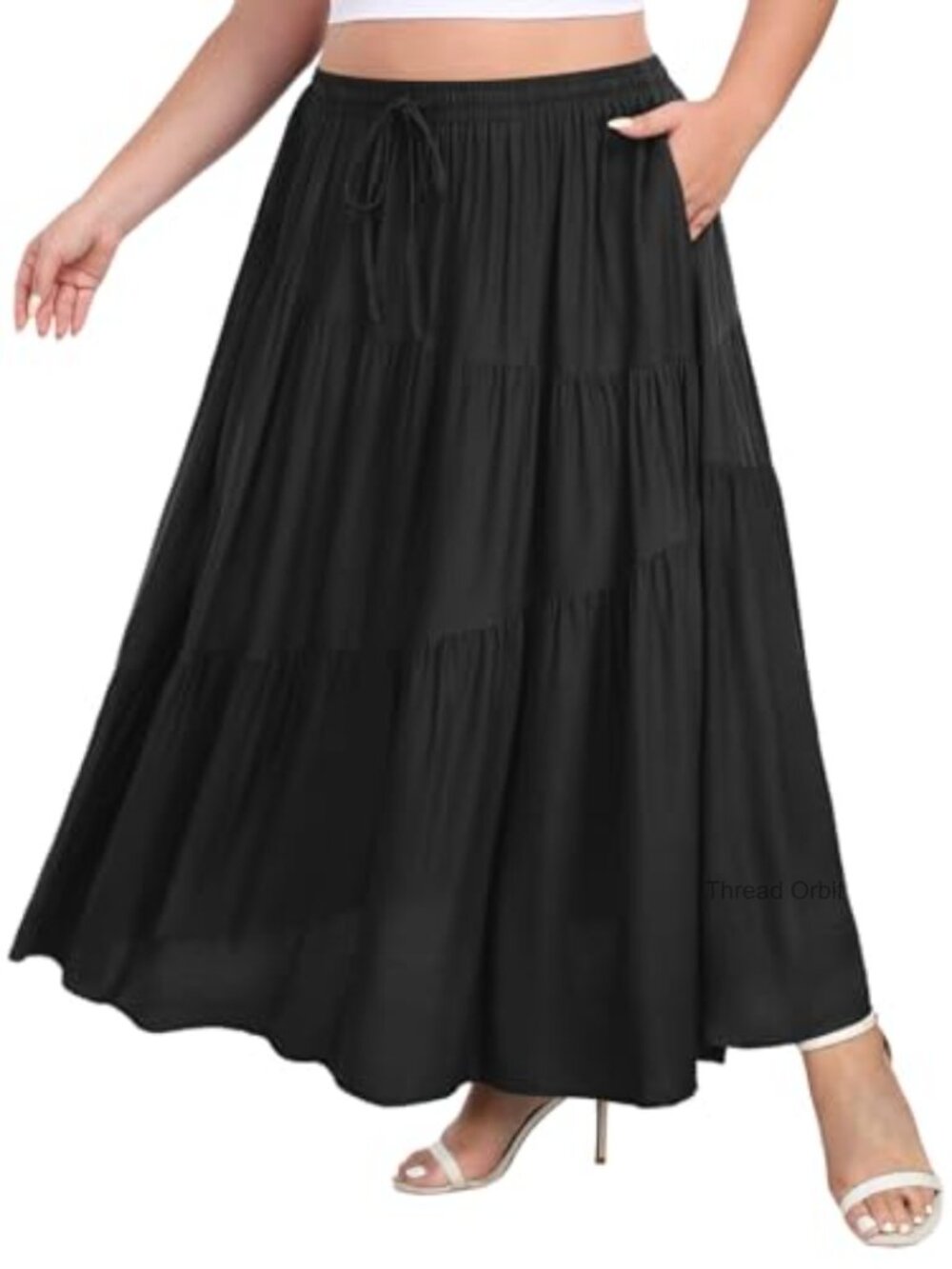 Plus Size Boho Maxi Skirt High Waisted A-Line with Pockets Flowy Long Tiered